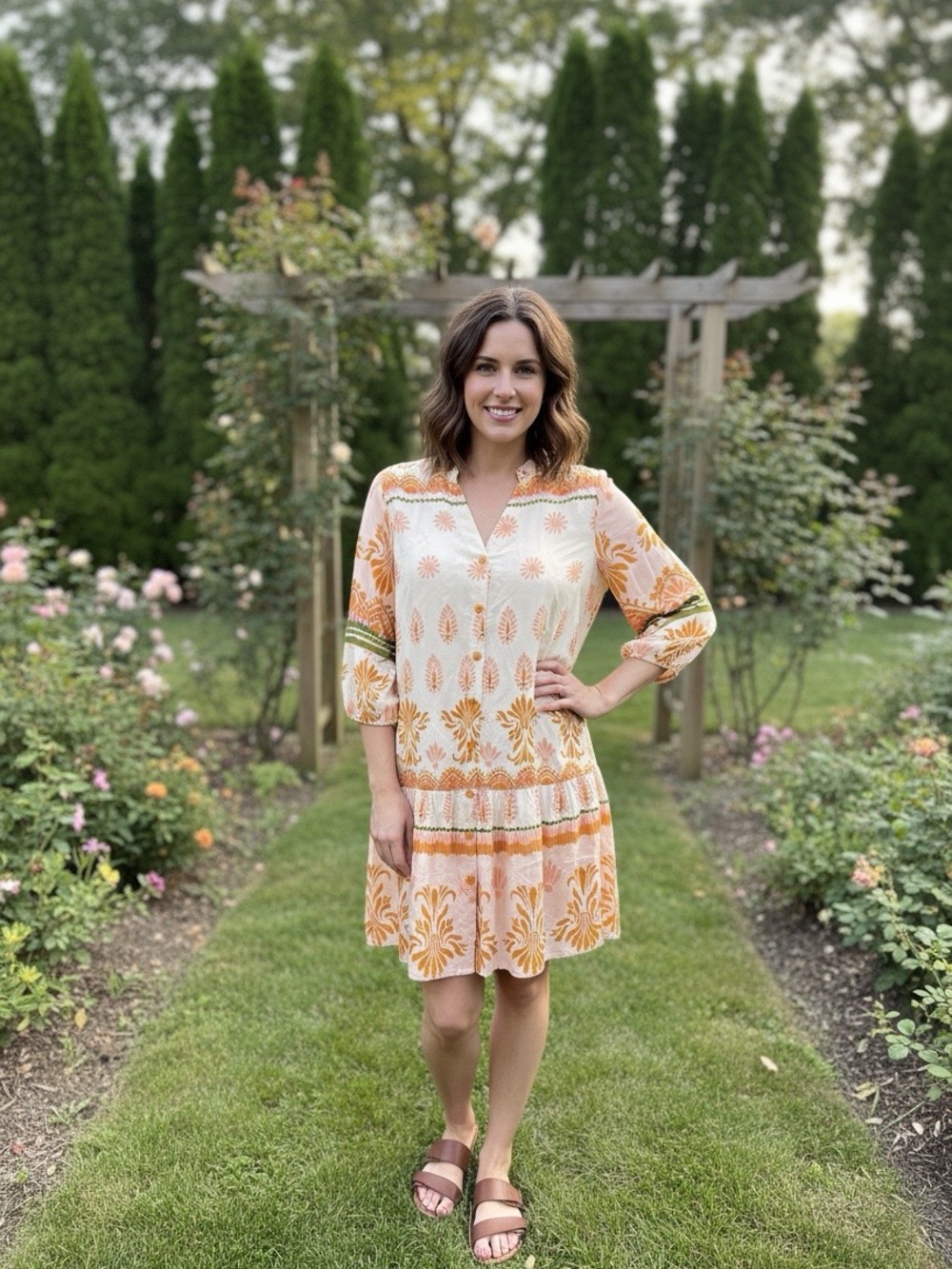 Mlle Gabrielle Cream and Orange Floral V-Neck Tiered Mini Dress